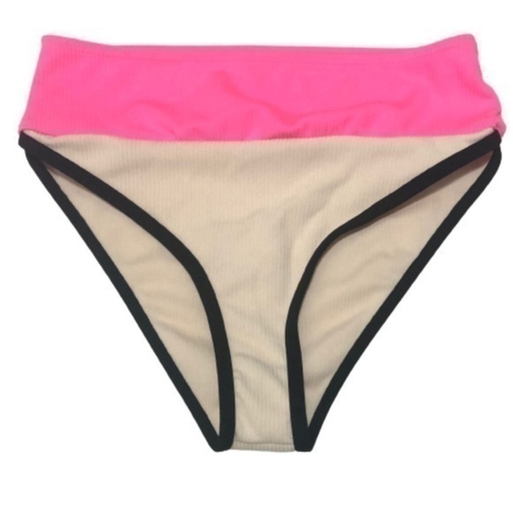 SHEIN beige bikini bottom hot pink waist and black trim high rise sm ribbed NWOT